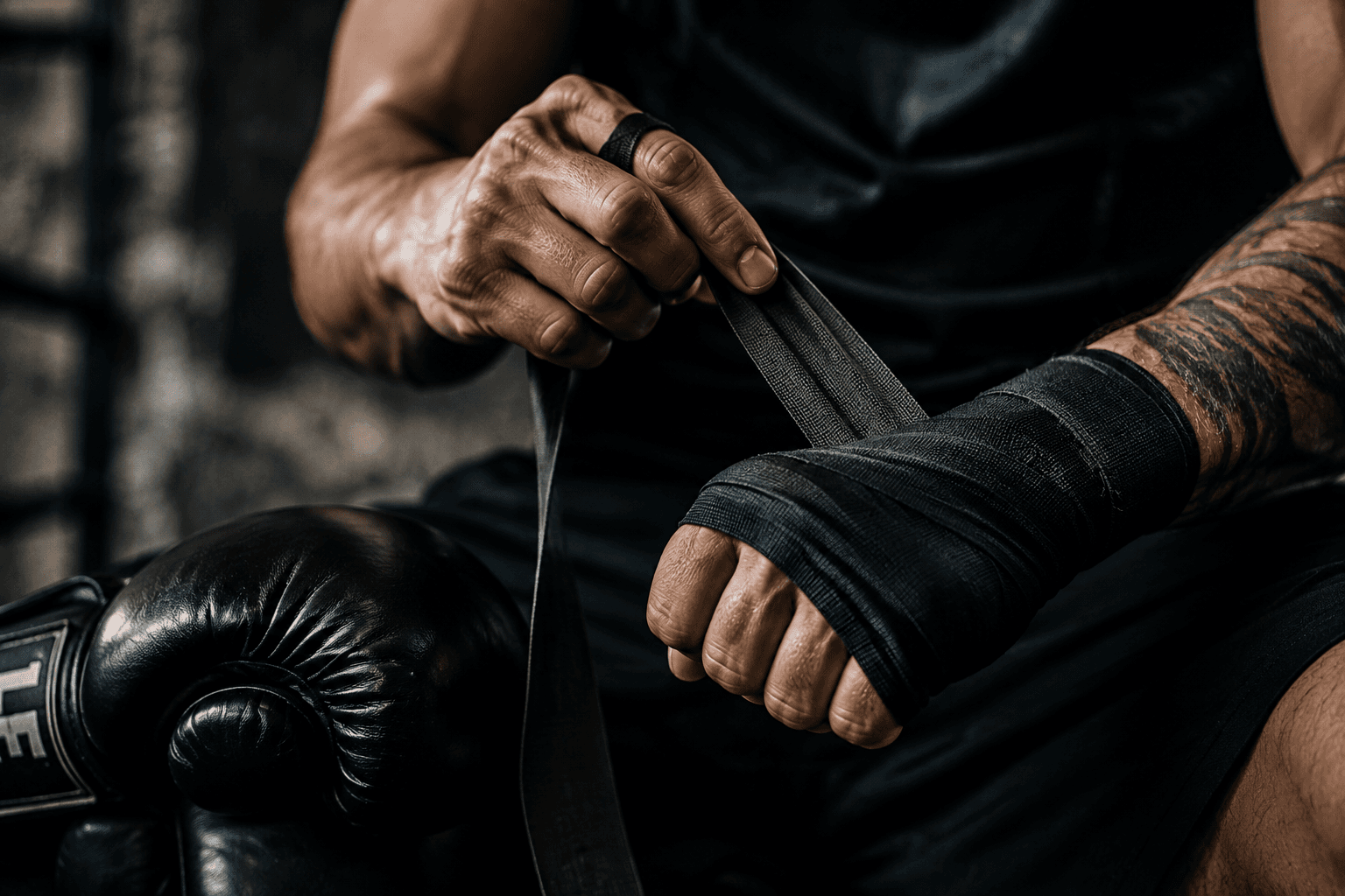 Boxer wrapping his hands before bag work