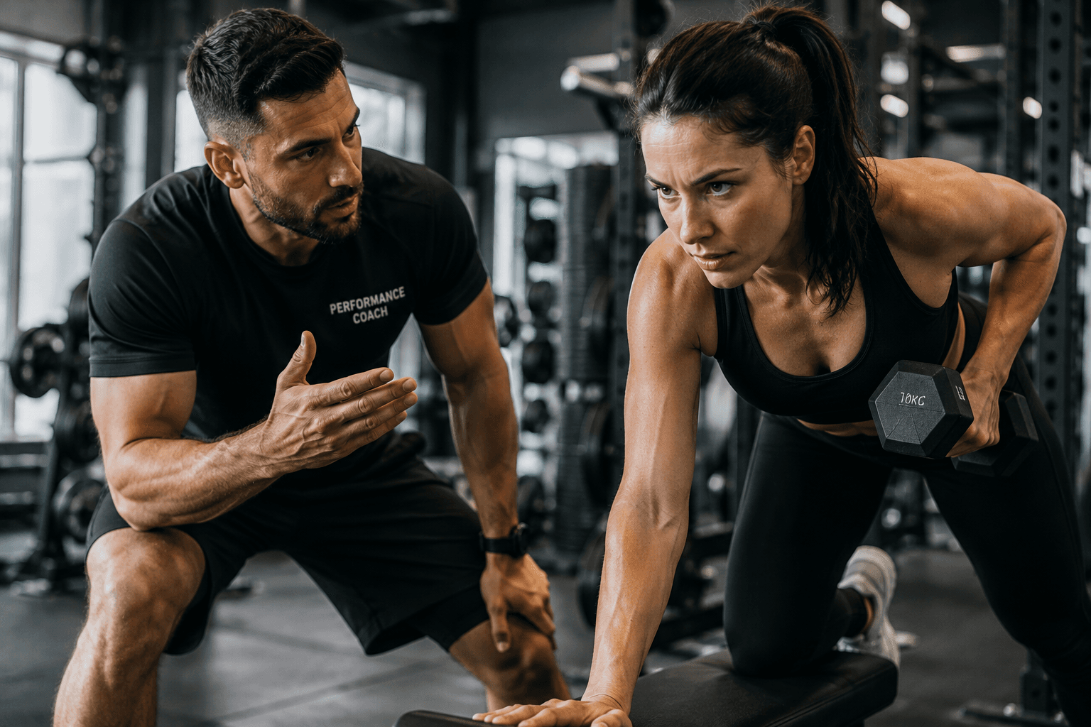Coach guiding a member through a controlled dumbbell row