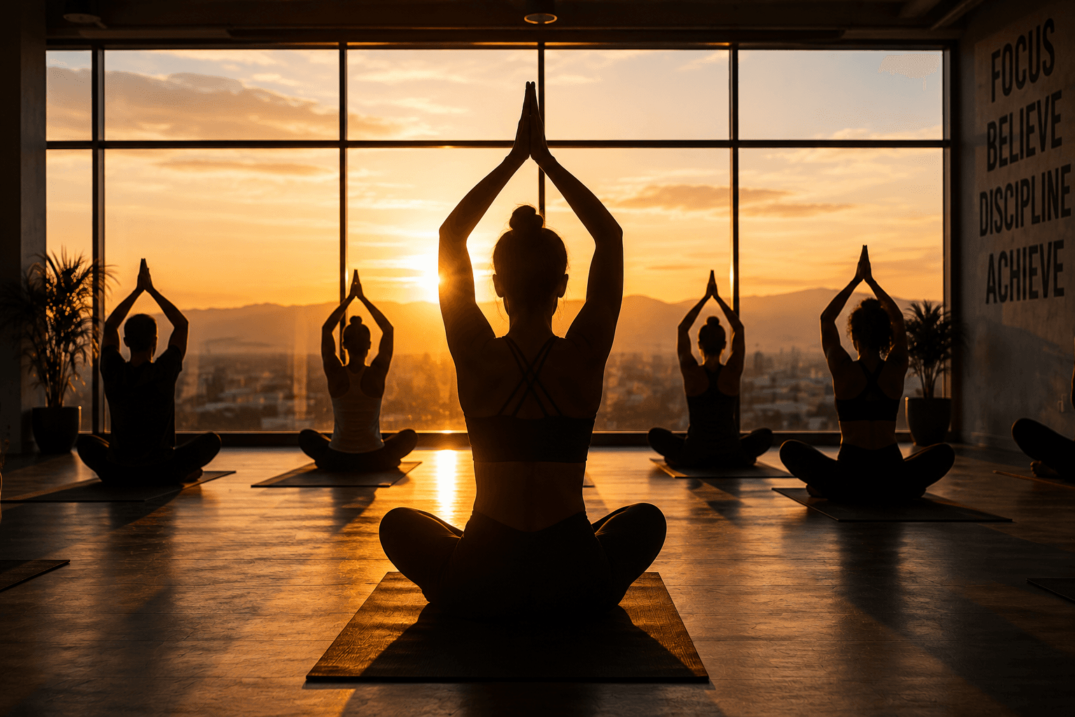 Sunset yoga class seated in the studio